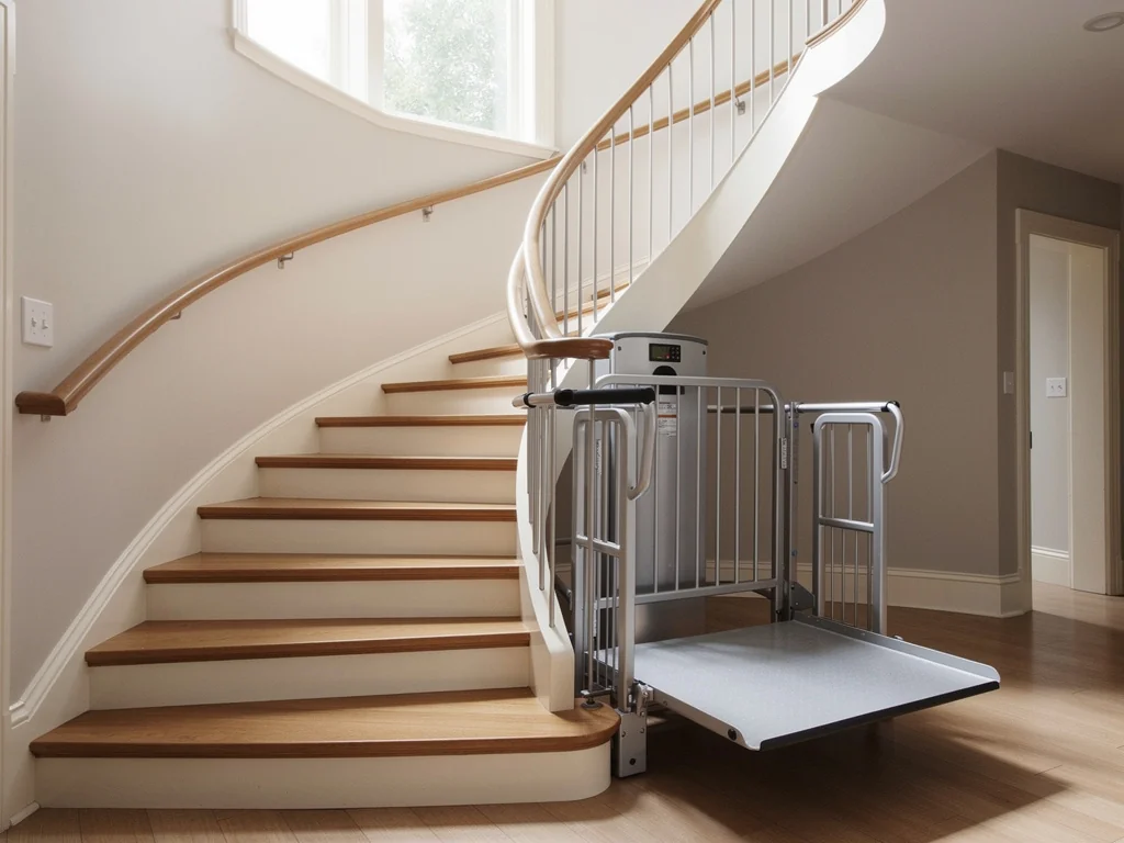 Rail courbe de plateforme suivant un escalier tournant intérieur